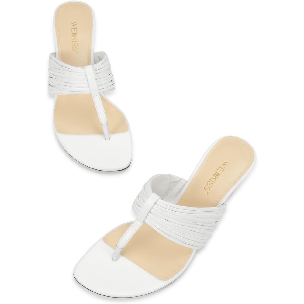 Women's White Leather 2 Inch Low Heeled Flip Flops with Rounded Open Toe - Picture 7 of 7